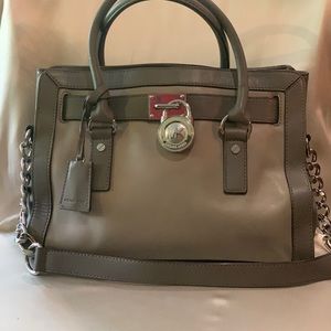 Michael Kors Hamilton Satchel in Taupe and Gray Leather